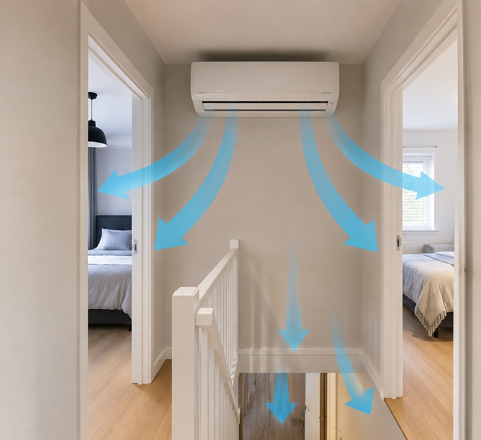 Airco op een overloop waarbij de luchtstroom beperkt de slaapkamers bereikt